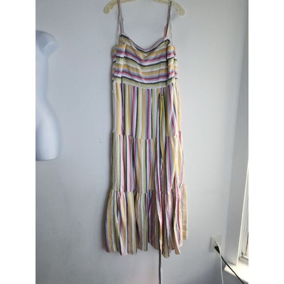 Julia Jordan Beige w/Blue Pink Yellow Strips Tiered Cotton Midi Dress size 16 - Picture 2 of 10